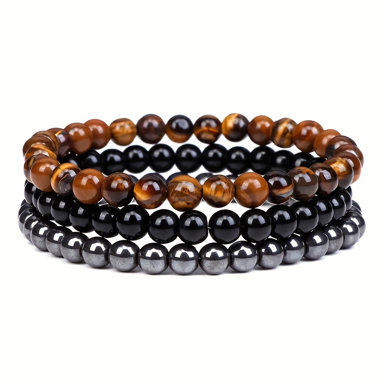 Men's & Women's 6mm Natural Stone Beads Bangle Bracelet Set